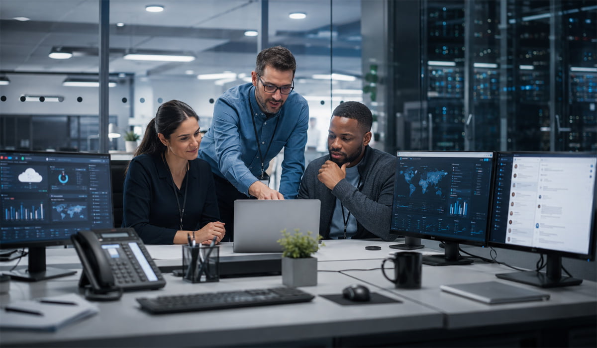 Managed IT services team monitoring secure cloud infrastructure
