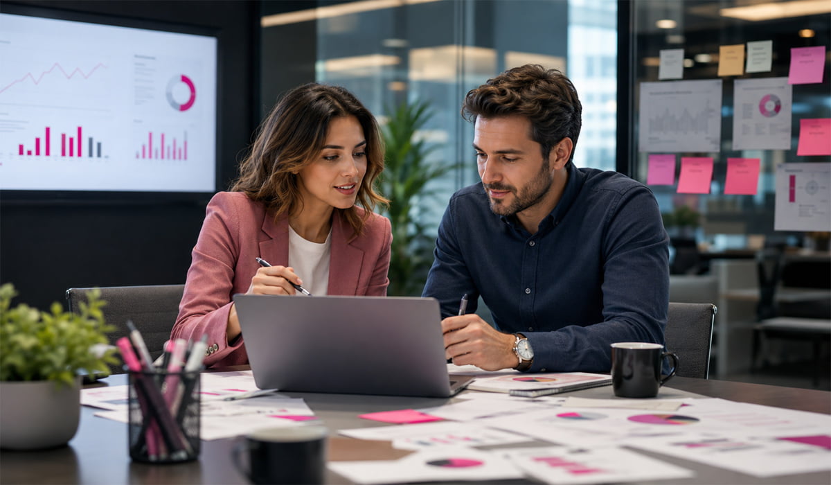 Digital marketing team reviewing campaign performance and creative work