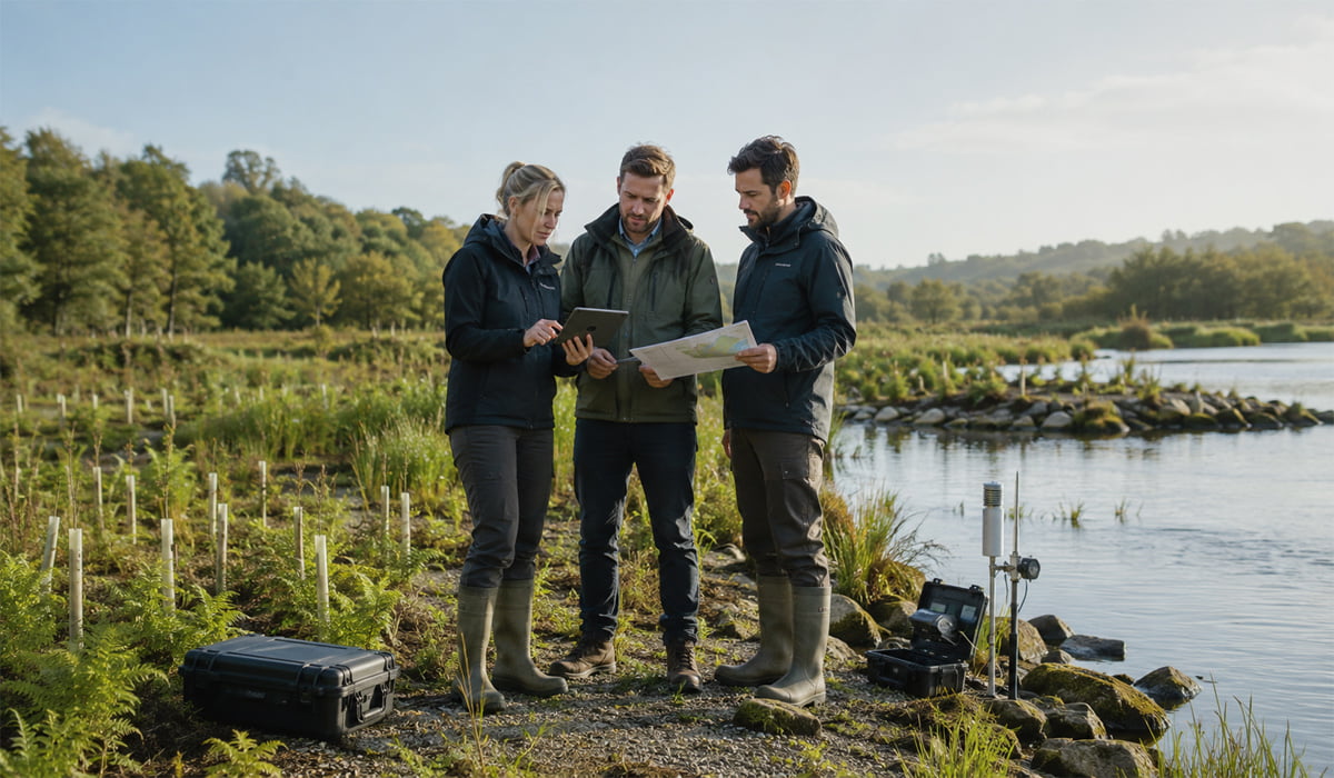Environmental specialists surveying a restored wetland habitat